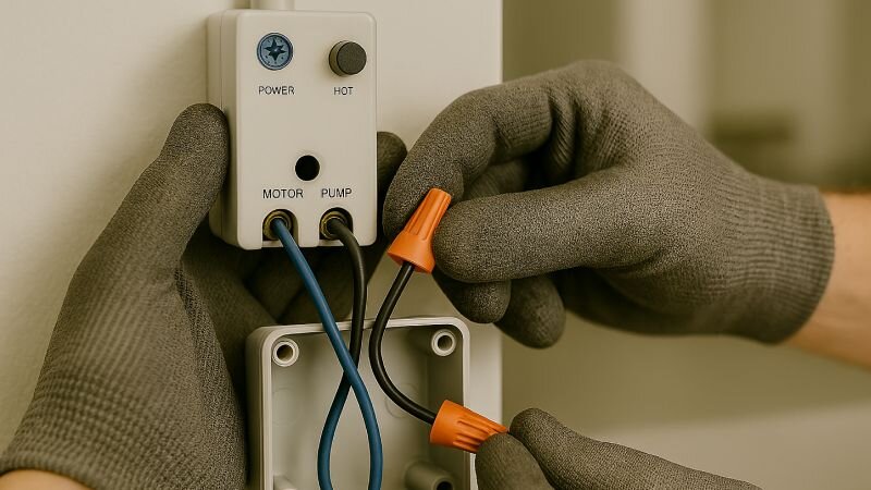 Đấu dây từ rơ le tự ngắt đến máy bơm để rơ le kiểm soát nguồn điện cấp cho motor.