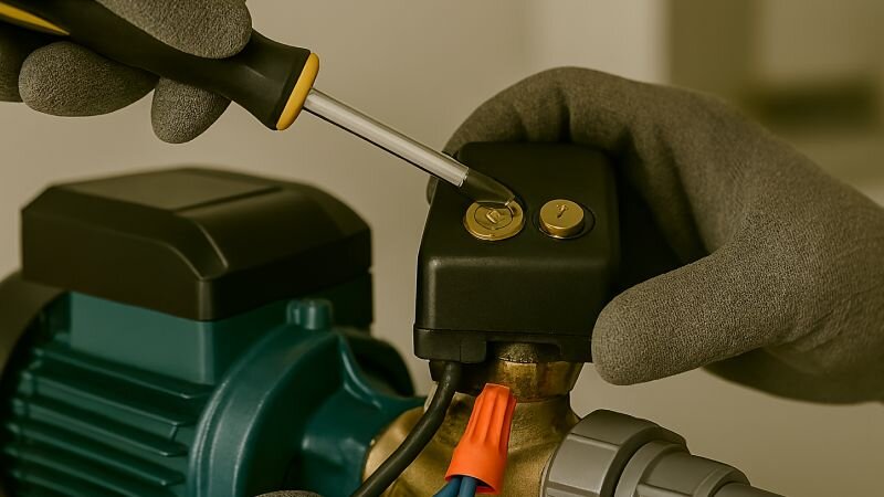 Sử dụng tua vít để điều chỉnh rơ le áp lực của máy bơm nước