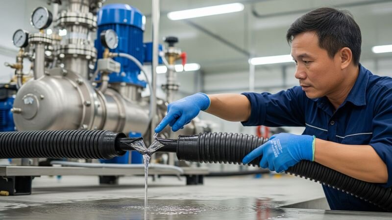 Kiểm tra một đường ống hút bị gấp khúc và rò rỉ của máy bơm nước hút chân không