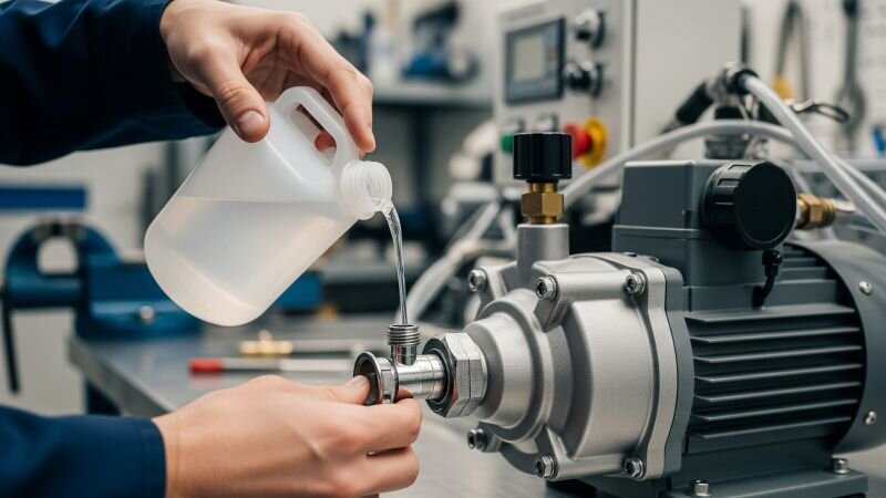 Đổ nước vào cổng mồi của máy bơm hút chân không