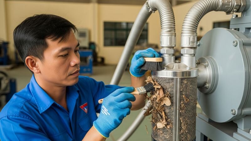 Vệ sinh lưới lọc ở đầu hút của máy bơm hút chân không