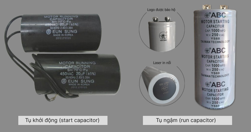 Tụ khởi động (start capacitor) và tụ ngậm (run capacitor) được sử dụng phổ biến cho máy bơm nước chìm