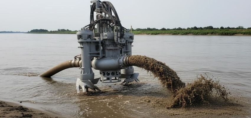 Máy bơm chìm hút cát mạnh mẽ đẩy hỗn hợp cát và bùn trong công trình khai thác