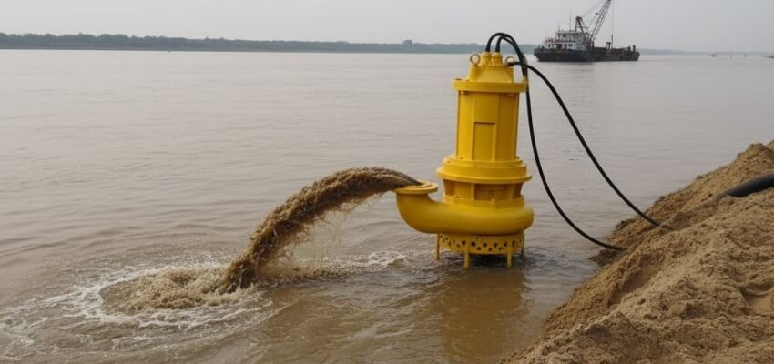 Máy bơm chìm hút cát công suất lớn đang vận hành thực tế giải pháp hiệu quả cho nạo vét sông, hồ và khai thác cát