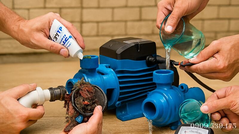 Cách khắc phục máy bơm không đẩy được nước lên cao bằng cách kiểm tra ống hút và vệ sinh cánh quạt