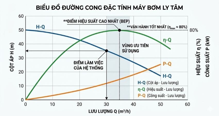 Biểu đồ đường cong đặc tính máy bơm ly tâm