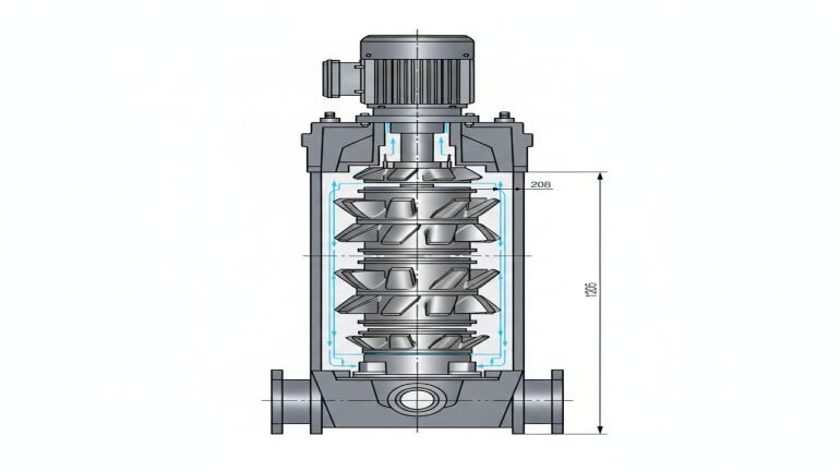 Cấu tạo buồng bơm đa tầng cánh với các cánh bơm inox xếp nối tiếp nhau.