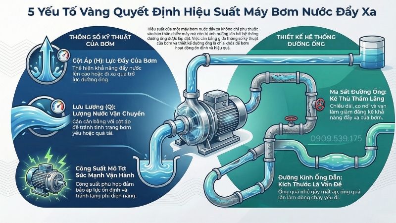 Các yếu tố ảnh hưởng đến hiệu suất máy bơm nước đẩy xa.