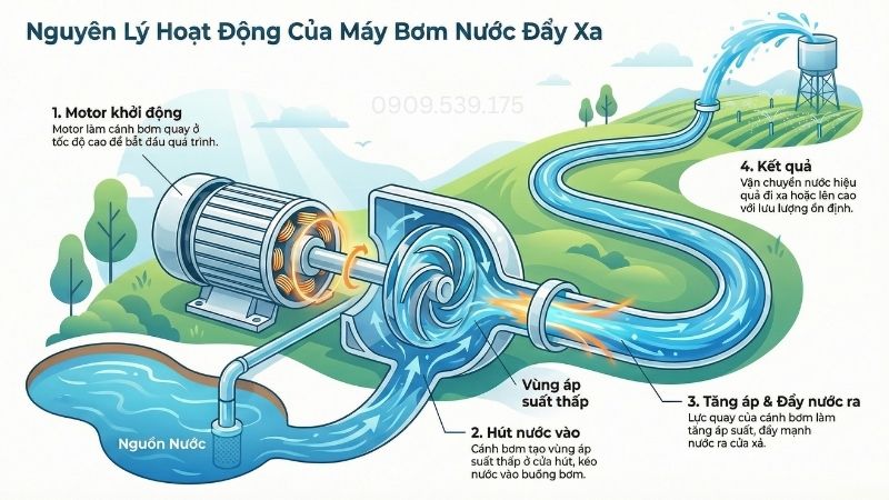 Nguyên lý hoạt động của máy bơm nước đẩy xa.