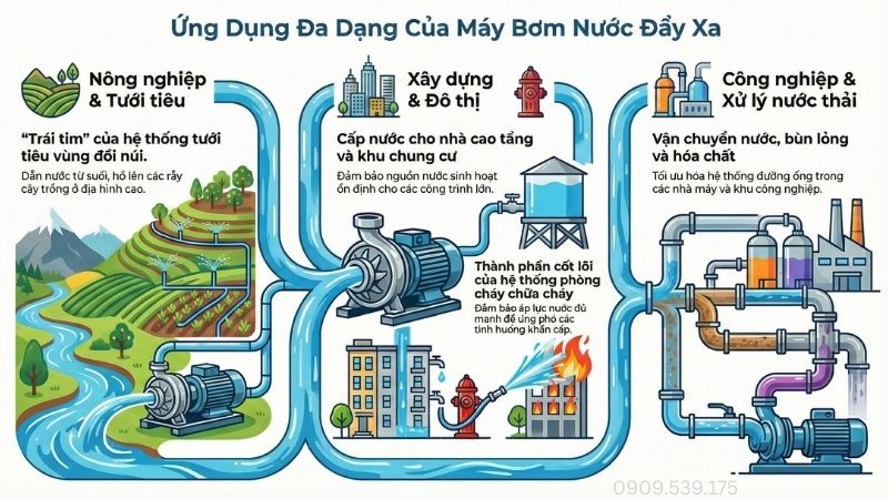 Ứng dụng máy bơm nước đẩy xa trong dân dụng và công nghiệp.