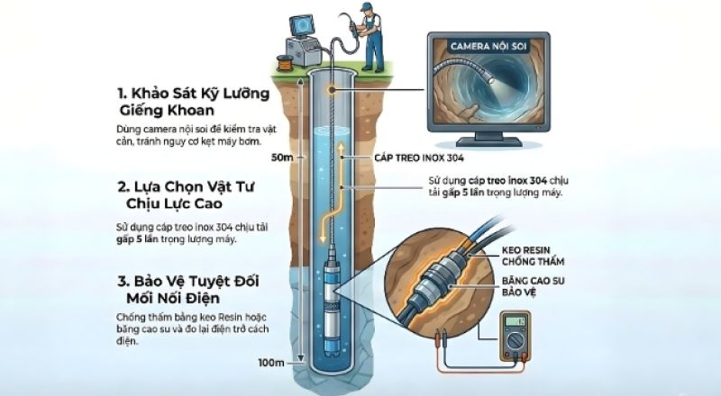 Quy trình lắp đặt máy bơm hút sâu 100m an toàn