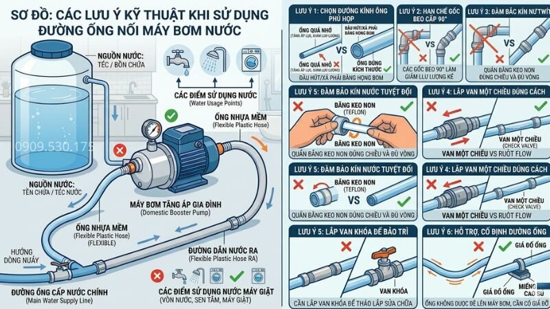 Lưu ý khi lắp ống nước với máy bơm nước