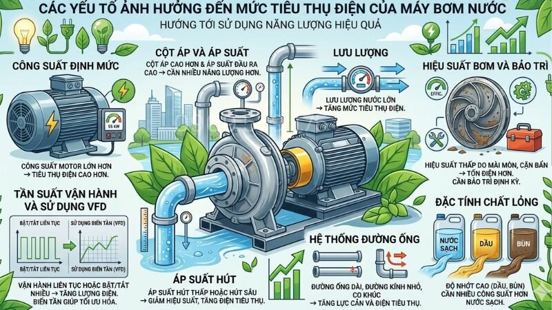 Yếu tố ảnh hưởng đến mức tiêu thụ điện của motor bơm nước