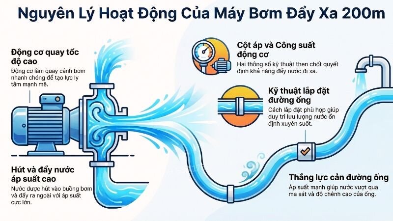 Nguyên lý hoạt động máy bơm nước đẩy xa 200m.