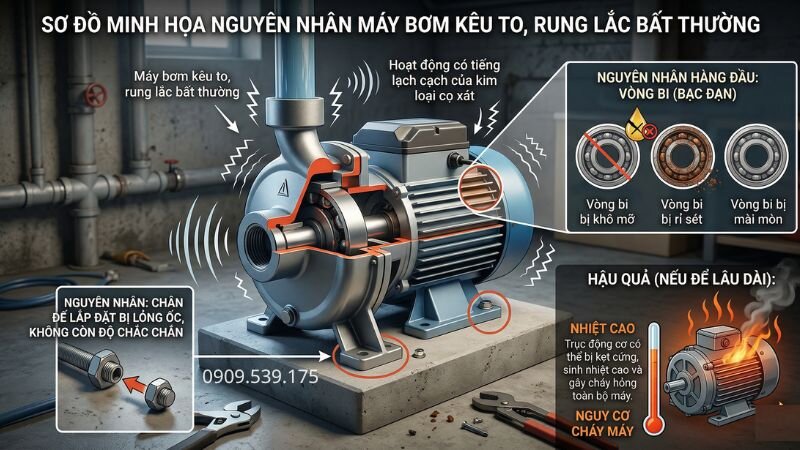 Máy bơm kêu to rung lắc