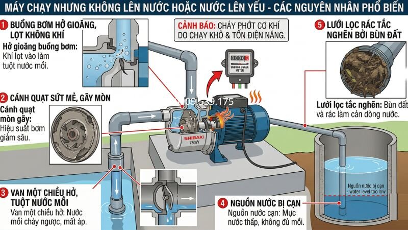 Máy chạy nhưng không lên nước