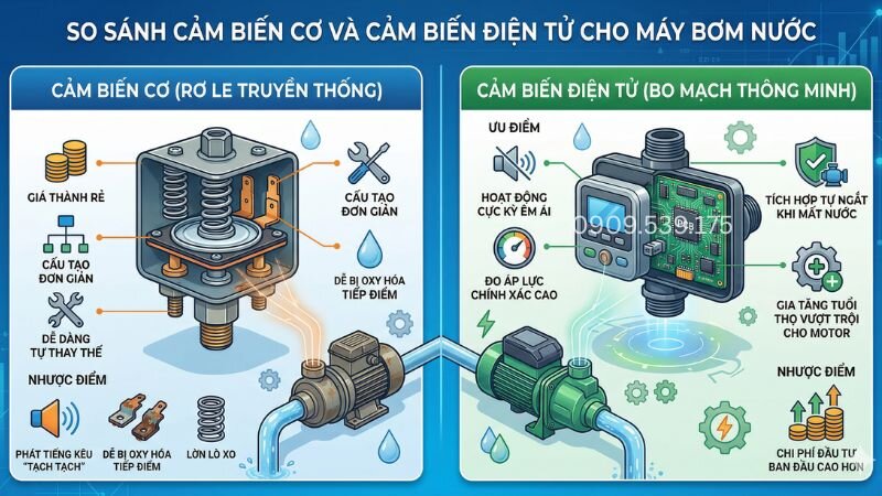 So sánh cảm biến cơ cho máy bơm nước và cảm biến điện tử