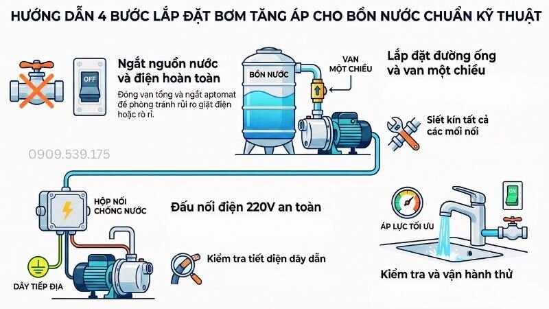 Hướng dẫn 4 bước lắp đặt bơm tăng áp cho bồn nước chuẩn kỹ thuật.