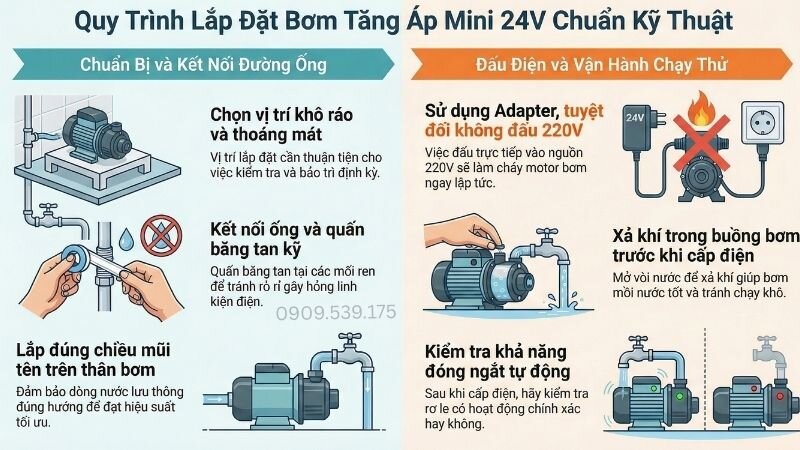 Quy trình lắp đặt bơm tăng áp mini 24v chuẩn kỹ thuật.