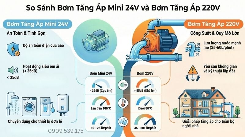 So sánh bơm tăng áp mini 24v với bơm tăng áp 220V.