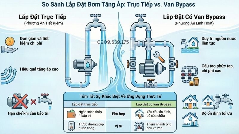 So sánh lắp đặt bơm tăng áp trực tiếp với lắp van bypass.