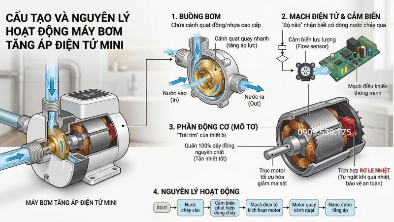 Cấu tạo và nguyên lý hoạt động máy bơm tăng áp điện tử mini.