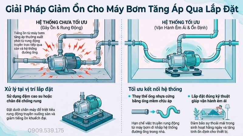 Giải pháp giảm ồn cho máy bơm tăng áp qua lắp đặt.
