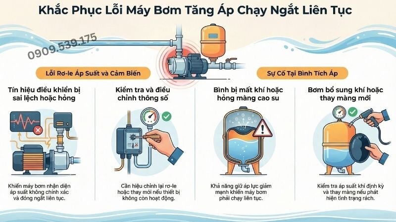 Khắc phục lỗi máy bơm tăng áp chạy ngắt liên tục.