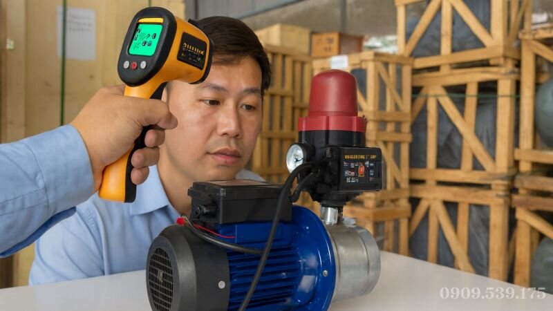 Dùng súng đo nhiệt độ kiểm tra vỏ motor bơm nước đang bị nóng bỏng tay.