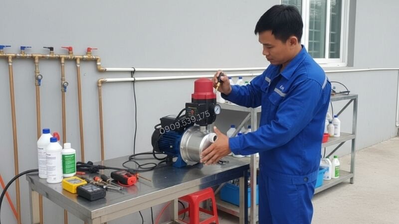 Kỹ thuật viên đang kiểm tra bình tích áp để giúp máy bơm tăng áp lực nước vận hành mượt mà, tránh đóng ngắt liên tục.