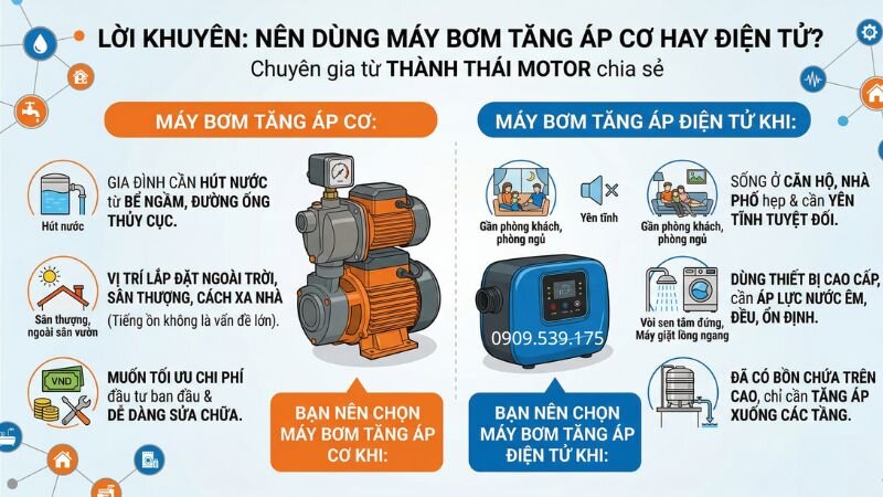 Lời khuyên nên sử dụng máy bơm tăng áp cơ hay điện tử.