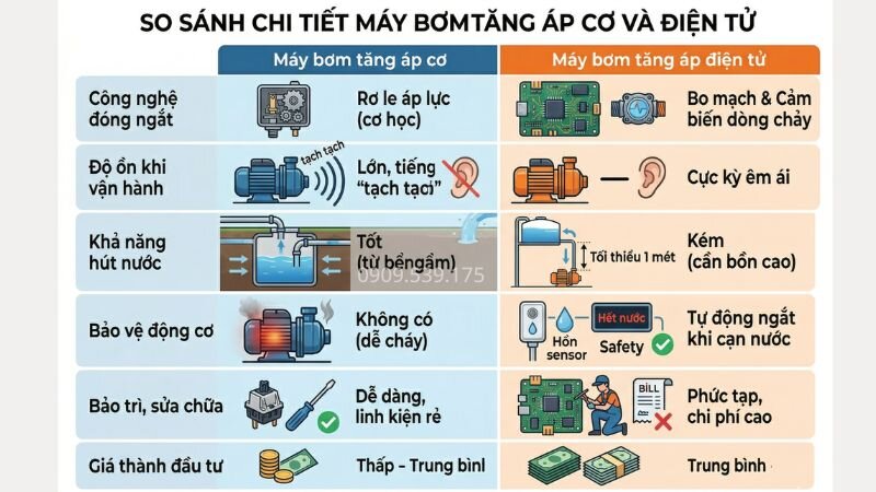 Bảng so sánh nên dùng máy bơm tăng áp cơ hay điện tử.