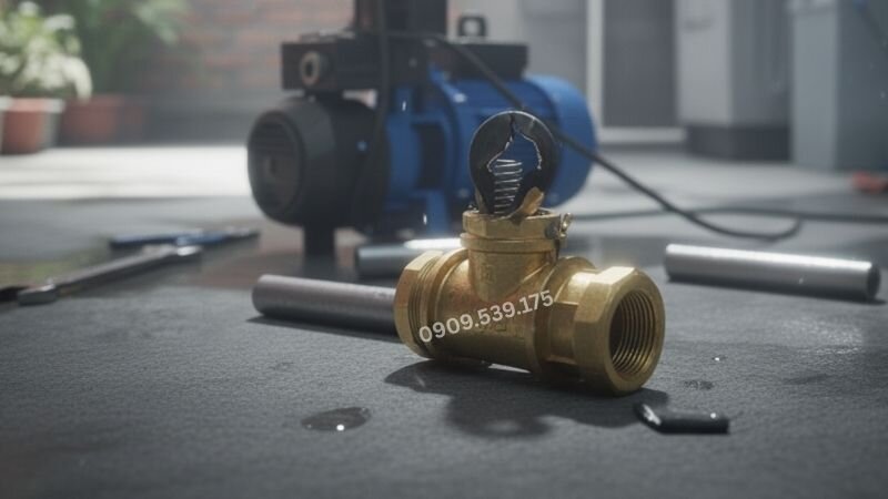 Van một chiều bị hỏng khiến nước chảy ngược, làm giảm áp lực và làm cho máy bơm tăng áp lúc chạy lúc không.